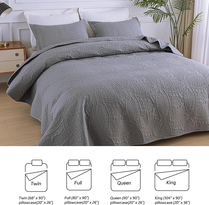 SheRest King Quilt Bedding Set - Gray Soft Breathable Bed Quilt, Modern Style Embossed Bedspreads, Lightweight Microfiber Reversible Coverlet for All Seasons-3 Pieces (1 Quilt,2 Pillow Shams)