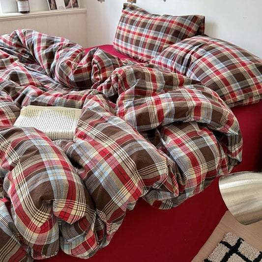 LifeTB Vintage Buffalo Plaid Comforter Set Twin XL, 3 Pieces Red Brown Grid Checkered Comforter with 2 Pillowcases, Breathable Soft Farmhouse Grid Pattern Printed Plaid Gingham Bedding Comforter Set
