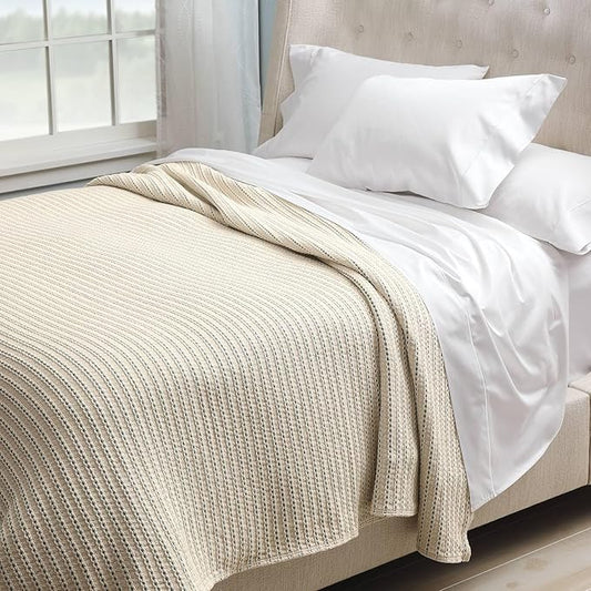Cuddledown Dobby Weave Cotton Blanket | Made in USA | 100% American-Grown Cotton | All Season Comfort | 50" x 70" | Throw | Natural & Teal