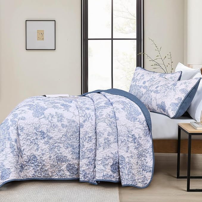 WONGS BEDDING Blue Quilt Set King Size, 3 Pieces Botanical Bedspreads Set Lightweight Microfiber Blue Toile Plants Pattern Coverlet Home Decor for All Seasons(104"×90")