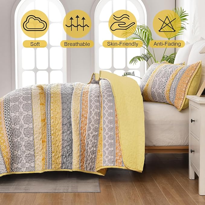 WONGS BEDDING Boho Quilt Set King Size, Yellow Bohemian 3 Pieces Fall Quilt Sets, Lightweight Bedspread Coverlet Bedding Set for All Season (104"x90")