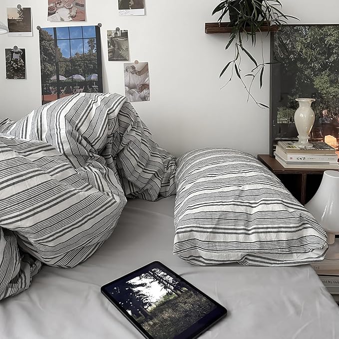mixinni Vintage Gray & White Striped Duvet Cover Set - 3 Piece 100% Washed Cotton King Size Bedding | Minimalist Gender-Neutral Design | Ultra-Soft Breathable, with Zipper Closure & Corner Ties