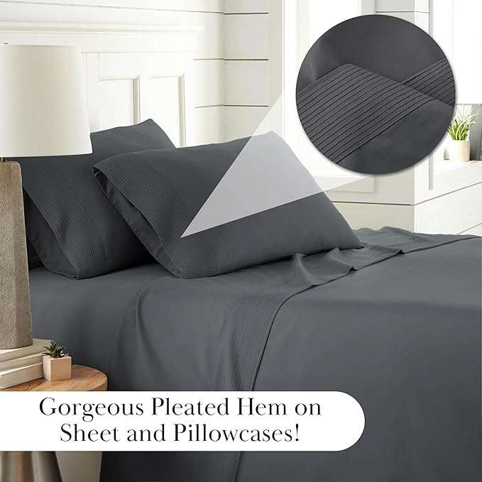 Southshore Fine Living, Inc. Vilano Pleats, 5-Piece, 21-Inch Extra Deep Pocket Sheet Set, Split-King Sheets with Flat Sheets and Pillowcase, Easy Care and Shrinkage-Free Deep Pocket Sheets, Slate