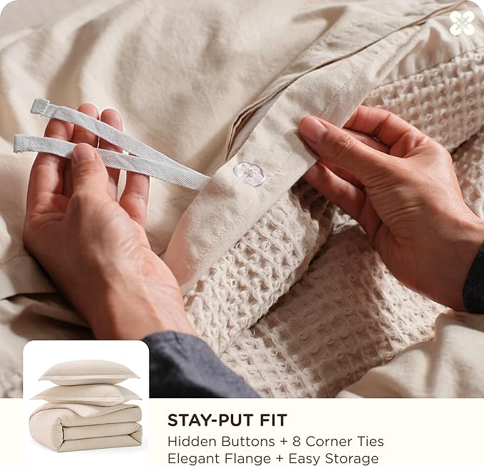 Bedsure Cotton Duvet Cover King - 100% Cotton Waffle Weave Beige Duvet Cover King Size, GentleSoft™ and Breathable Bedding Set for All Season, 3 Pieces, 104"x90"