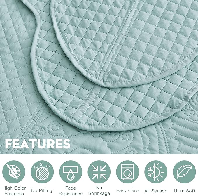 HZ & HY Oversized King Bedspread, Ultrasonic Coverlet Bedding Set, Lightweight Thin Comforter, Reversible, 5 Piece, 100% Microfiber, Seaglass