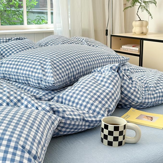 Blue Gingham Comforter Set Queen Modern Plaid Checkered Pattern Comforter 3 Pieces Blue Grid Comforter with 2 Pillowcases Soft Fluffy Gingham Bedding Set Farmhouse Plaid Comforter Set for All Seasons