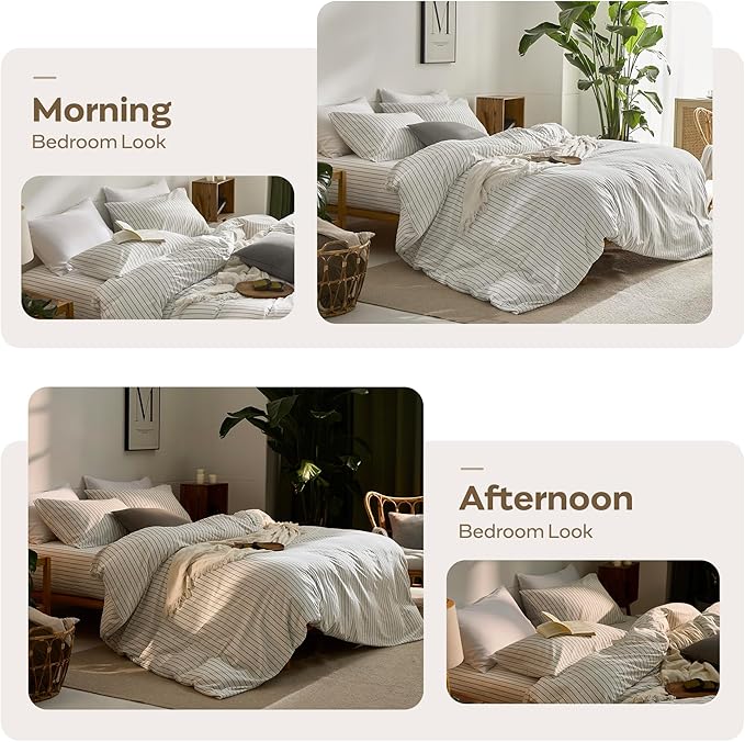 JELLYMONI Striped Duvet Cover Set - Queen Size 100% Cotton - 3PCS White & Grey Vertical Stripes Bedding - Hidden Zipper Closure & 8 Corner Ties - Breathable Comforter Cover for Bedroom