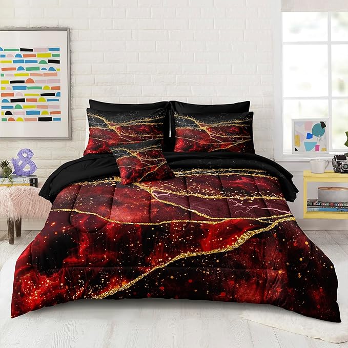 Black Gold Comforter Set 8 Pcs Red Marble Bedding Queen Size Bed in A Bag Stone Texture Abstract Room Decor