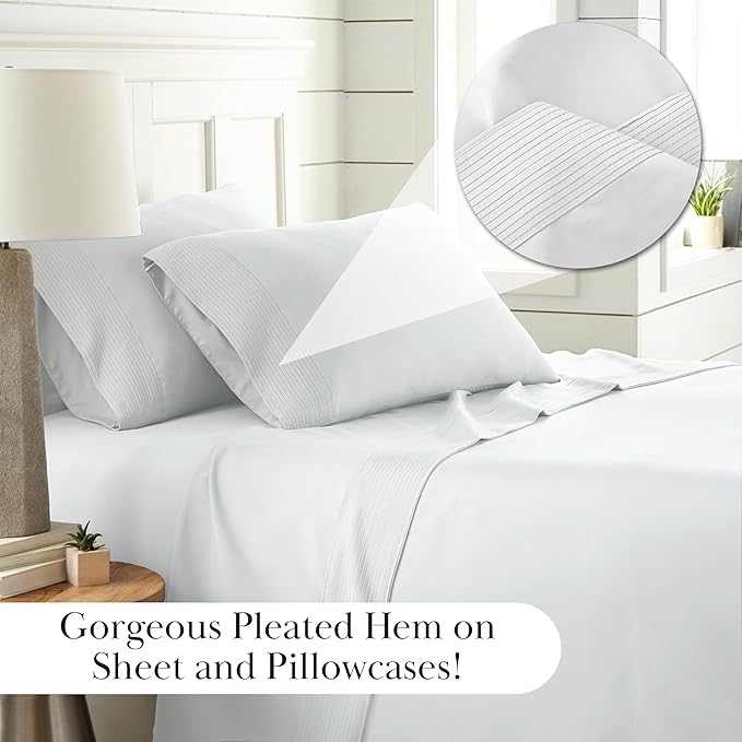 SouthShore Fine Living Vilano Pleats, 3-Piece, 21-Inch Extra Deep Pocket Sheet, Twin XL Sheets with Flat Sheets and Pillowcase, Easy Care and Shrinkage-Free Deep Pocket Sheets, Sheet Set, Bright White