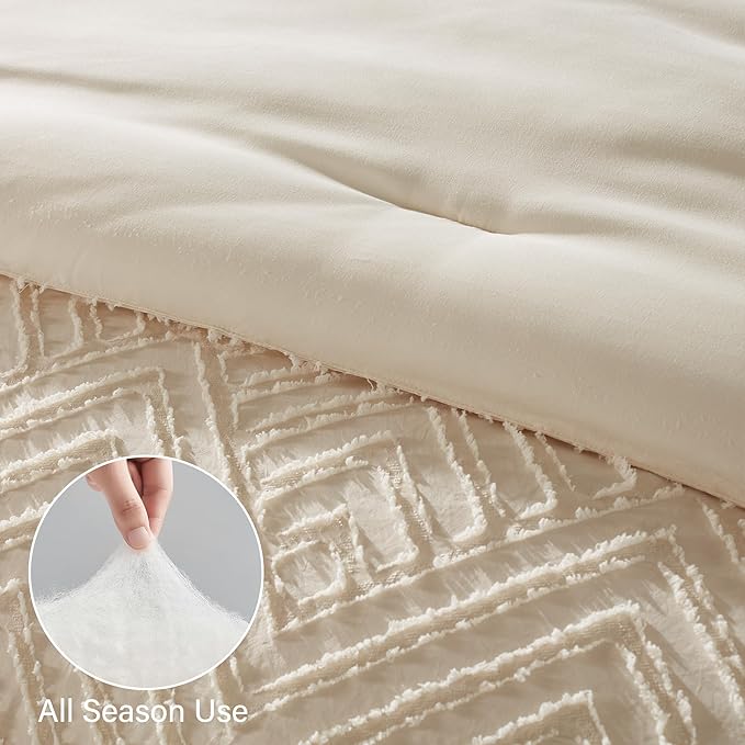 Zzlpp Full Comforter Set 7 Pieces, Cream Tufted Bed in a Bag with Comforter and Sheets, All Season Boho Bedding Sets with 1 Comforter, 2 Pillow Shams, 2 Pillowcases, 1 Flat Sheet, 1 Fitted Sheet