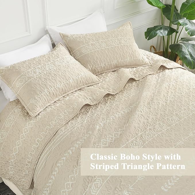 Andency Beige Twin Quilt Set, 2 Pieces Boho Lightweight Soft Striped Bedspread for All Season (68"x86"), Printed Bohemian Microfiber Reversible Coverlet Comoforter Sets