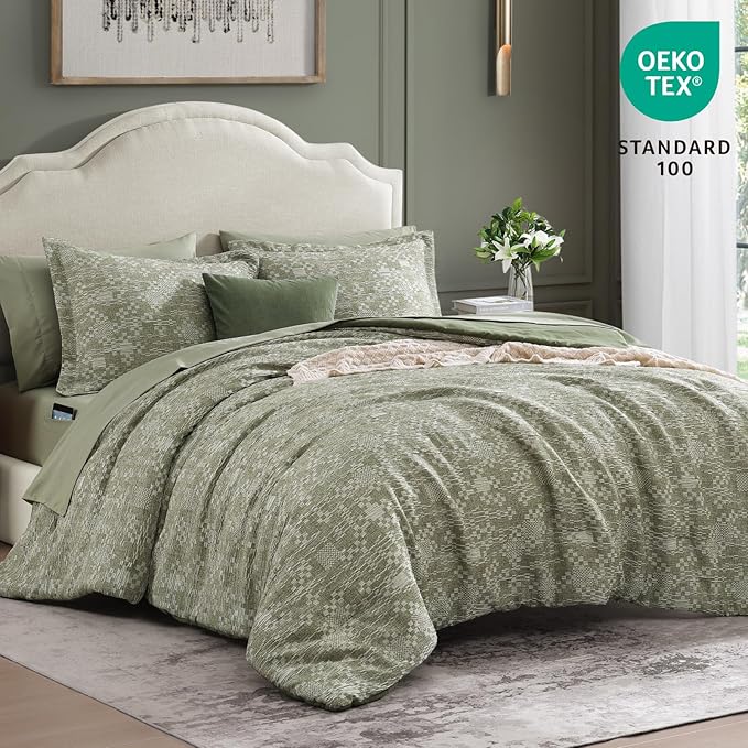 MaiRêve Full Size Comforter Set Olive Green, Crinkle Textured Design Bedding Set 7 Pieces Bed in A Bag, All Season Farmhouse Comforter Set with Sheets, Pillowcases & Shams