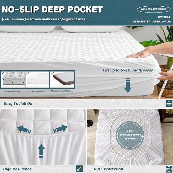 UNILIBRA Twin Mattress Cover Waterproof, Deep Pocket Mattress Pad Protector Fits to 6''-19'', Breathable Hollow Cotton Filling Quilted Mattress Protector for Twin Size