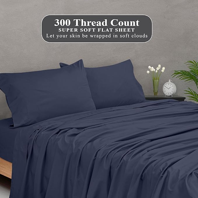 Royale Linens 300 Thread Count 100% Long Staple Combed Cotton Flat Sheet - Super Soft - Top Sheets - Twin Flat Sheet Sold Separately - Breathable, Cool & Crisp Percale Sheets Only (Twin, Navy)