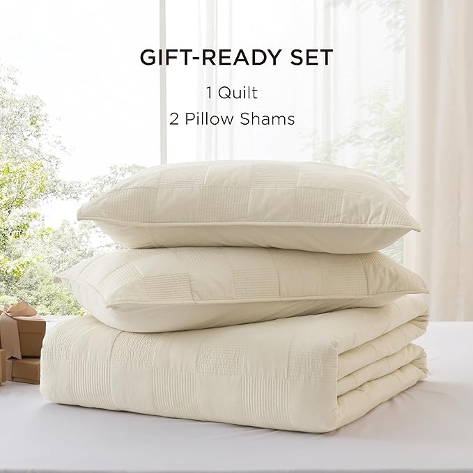 Bedsure 100% Cotton Quilt Set - Lightweight Queen Bedspread, Cozy Beige Bedding Coverlet 3-Piece with Pillow Shams in Checker Pattern for All Season, 90x96 inches, 100% Cotton Voile