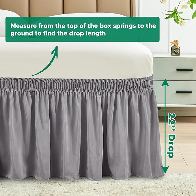 Biscaynebay Wrap Around Bed Skirts for King & Cal King Beds 22" Long Drop, Silver Grey Adjustable Elastic Dust Ruffles Easy Fit Wrinkle Resistant Silky Luxurious Fabric Machine Washable