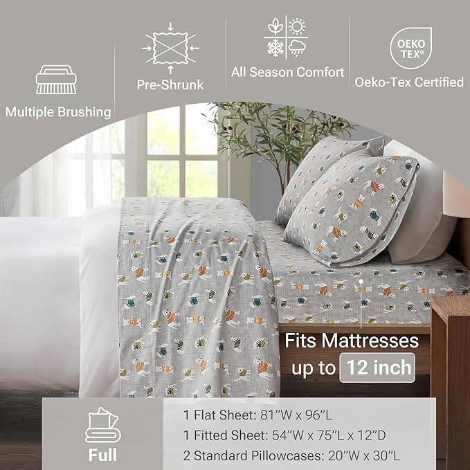 True North by Sleep Philosophy Cozy Flannel Warm 100% Cotton Sheet - Novelty Print Animals Stars Cute Ultra Soft Cold Weather Bedding Set, Full, Grey Dogs 4 Piece