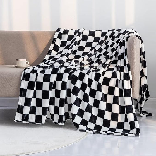 LOMAO Throw Blankets Flannel Blanket with Checkerboard Grid Pattern Soft Throw Blanket for Couch, Bed, Sofa Luxurious Warm and Cozy for All Seasons (Black, 40"x60")