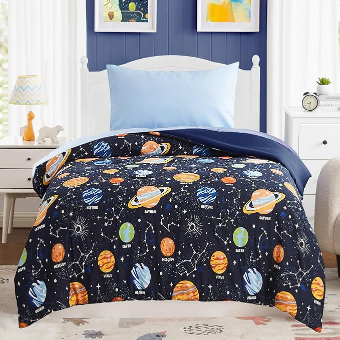 Toddler Bedding Set - 4 Pieces Toddler Comforter Set for Kids Boys,Glow in The Dark Space Bed in A Bag with Sheets