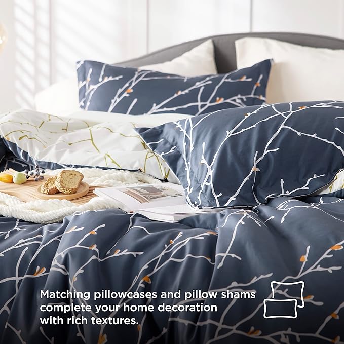 Bedsure King Comforter Sets - 7 Pieces Floral Navy Blue Bed Set, Tree Branch Pattern Printed Bed in a Bag King with Comforter, Sheets, Pillowcases & Shams