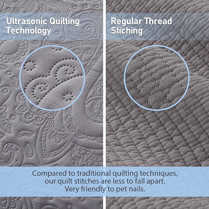 Qucover Alaska King Bedspread 132x 120, Oversized King Bedspread Extra Wide, 3 Piece Soft Microfiber Lightweight Oversized King Quilts Bedding Set, Quilting Paisley Pattern, with Pillow Shams, Grey