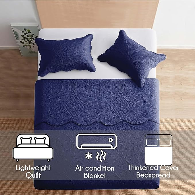 MOONLIGHT20015 Queen Quilt Bedding Set Size (90" x 96") + 2 Pillow Shams (20" x 26"+ 2") - 3 Pcs All Season Lightweight Reversible Embossed Quilt Microfiber Coverlet Floral Bedspread (Navy)