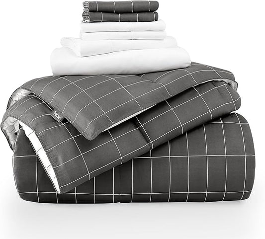 Bare Home Bed-in-A-Bag 7 Piece Comforter & Sheet Set - Queen - Goose Down Alternative - Ultra-Soft 1800 Premium Bedding Set (Queen, Grid - Grey/White Comforter Set, White Sheet Set)