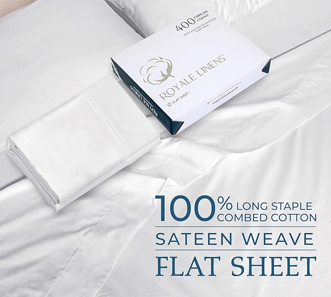 400 Thread Count 100% American Grown Cotton Flat Sheet - Cooling Sheets - Queen Sheets - Luxury Sateen Weave - Queen Flat Sheet Sold Separately - Soft White Flat Sheet Only (Queen, Signature White)