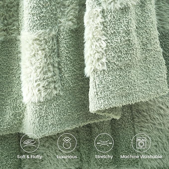 Snuggle Sac Faux Fur Checkered Blanket Twin Size with Soft Knitted Microfiber,Cozy Soft Warm Blanket for Sofa Bedroom Living Room,Solid Sage Green,60x80 inches