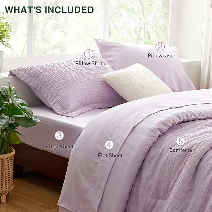 Love's cabin Seersucker Lavender Twin XL Comforter Set, 5-Piece All Season Lightweight Bed in a Bag Bedding Set with Comforter, Flat Sheet, Fitted Sheet, Pillowcase and Sham | Soft, Breathable, Lightweight