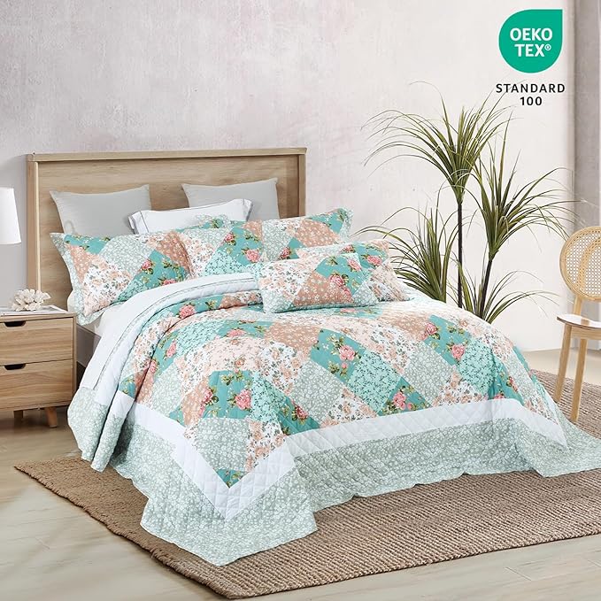 Oversized King Bedspread 138x120 Extra Wide, Farmhouse Patchwork Floral Quilt Bedding Cover, Reversible, 6 Piece, 100% Microfiber, California/Alaskan King, Rosa Chinensis Jacq