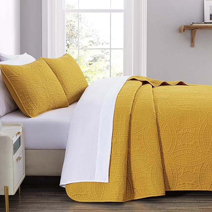 Chezmoi Collection Austin Queen Bedspread Set 3-Piece Pinsonic Quilted Oversized Bedspread Coverlet Set, Queen, Mustard