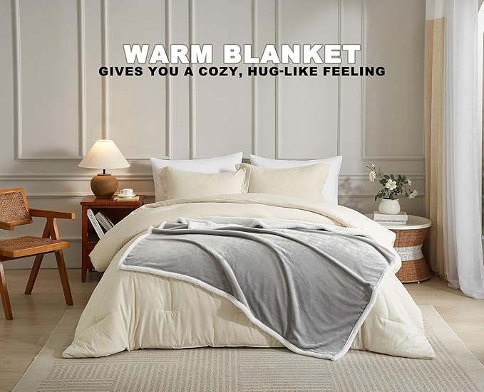 Twin Size Sherpa Fleece Blanket, Warm Thick Flannel Blanket for Bed, Super Soft Fuzzy Reversible Plush Blankets, Oeko-TEX Certified, Valentine’s Day Gifts, Grey 60x80 Inches