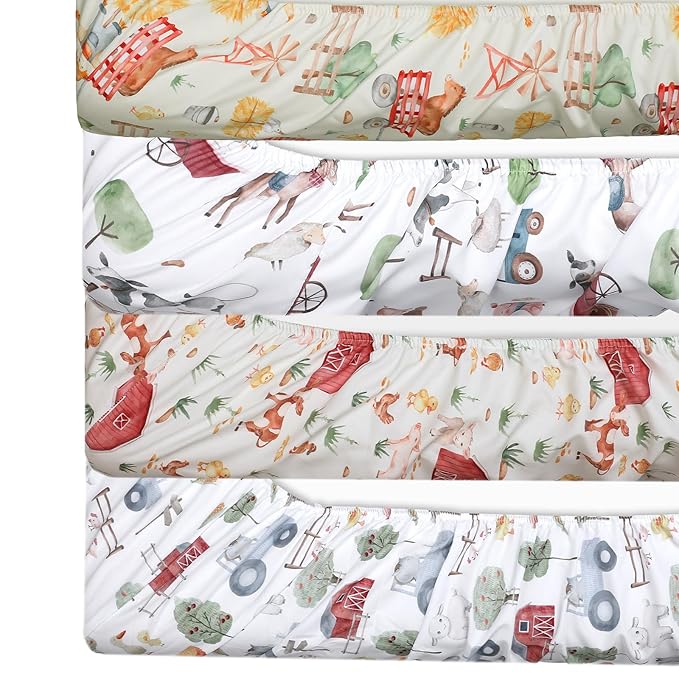 VitalCozy 4 Pcs Farm Animals Crib Sheet Set Newborn Bedding Nursery Baby Sheets for Girl Boys Baby Gifts for Standard Crib and Toddler Mattresses, 52 x 28 x 8 Inches