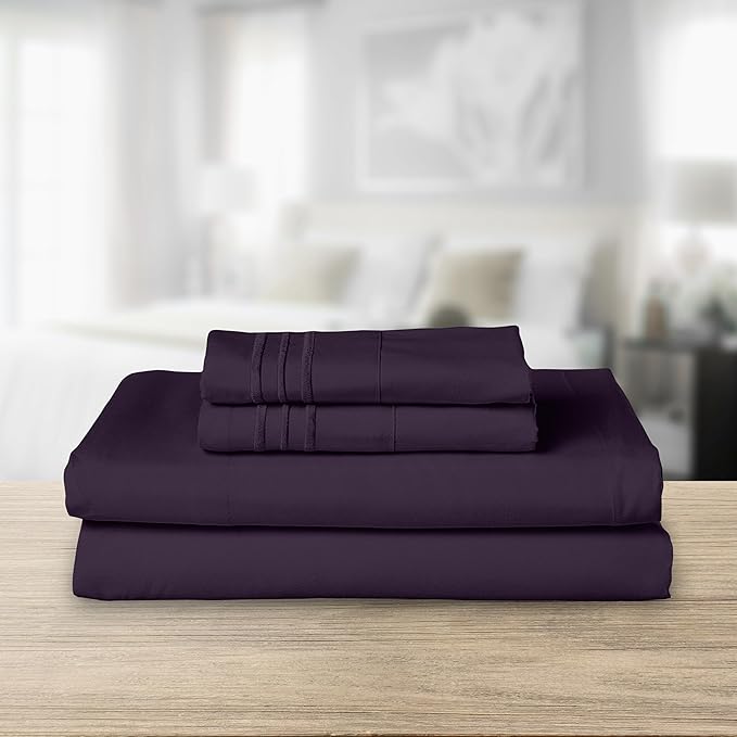 Elegant Comfort Luxurious 1500 Premium Hotel Quality Microfiber Three Line Embroidered Softest 4-Piece Bed Sheet Set, Wrinkle and Fade Resistant, Twin/Twin XL, Eggplant-Purple