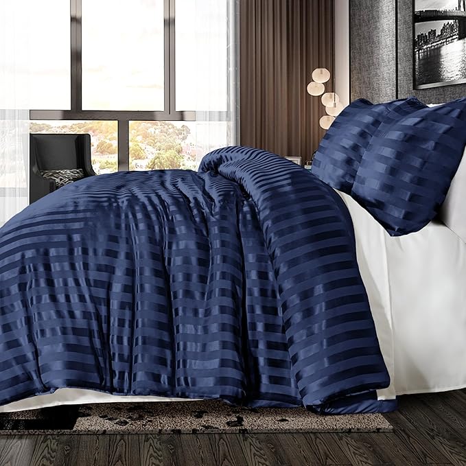 Whale Flotilla 3-Piece Reversible Silky Soft Queen Comforter Set, Luxury Stripe Satin Comforters Full Size Bedding Set with 2 Satin Pillowcases, Lightweight Duvet for All Seasons, Navy