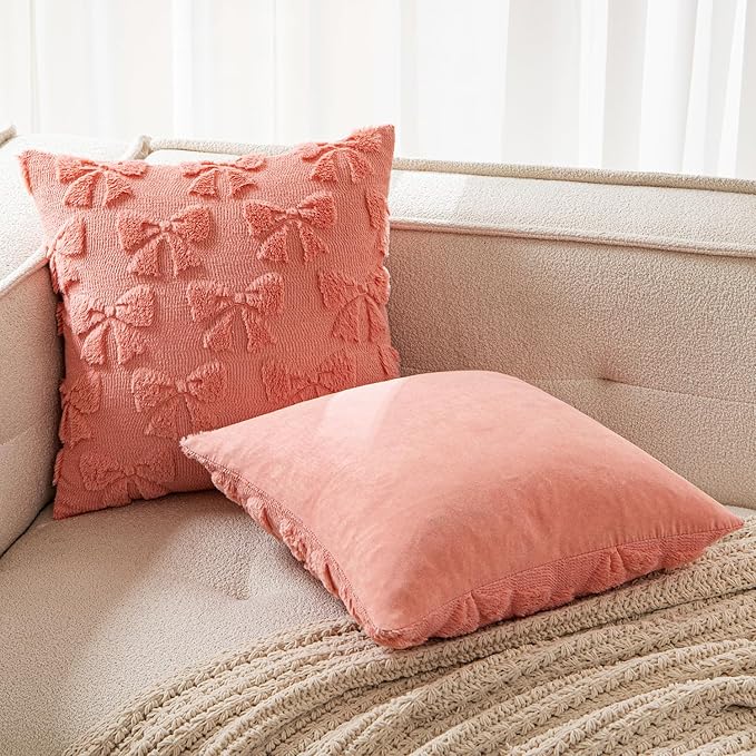 MIULEE Coral Red Bow Pillow Covers Coquette Room Decor Aesthetic Set of 2 Decorative Cute Girl Vlentine Pillow Covers Spring Soft Plush Faux Pillowcase for Preppy Room Decor Bedroom Couch,20x20 Inch