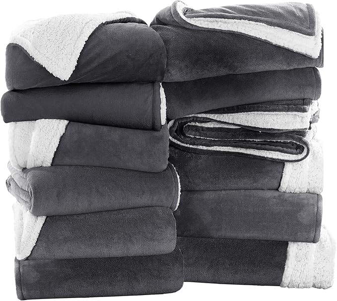 MOONLIGHT20015 Grey Sherpa Fleece Throw Blanket Twin Size for Bed - Wholesale Bulk Pack of 12 Sherpa Blankets - Soft Fluffy Throw Blankets for Hotels, Guest Bedroom, 60x80 Inches