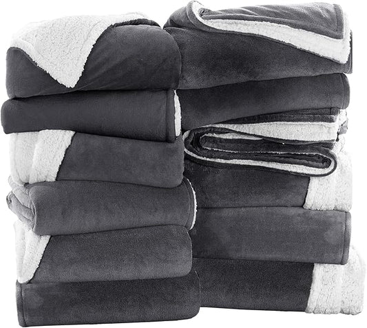 MOONLIGHT20015 Grey Sherpa Fleece Throw Blanket Twin Size for Bed - Wholesale Bulk Pack of 12 Sherpa Blankets - Soft Fluffy Throw Blankets for Hotels, Guest Bedroom, 60x80 Inches