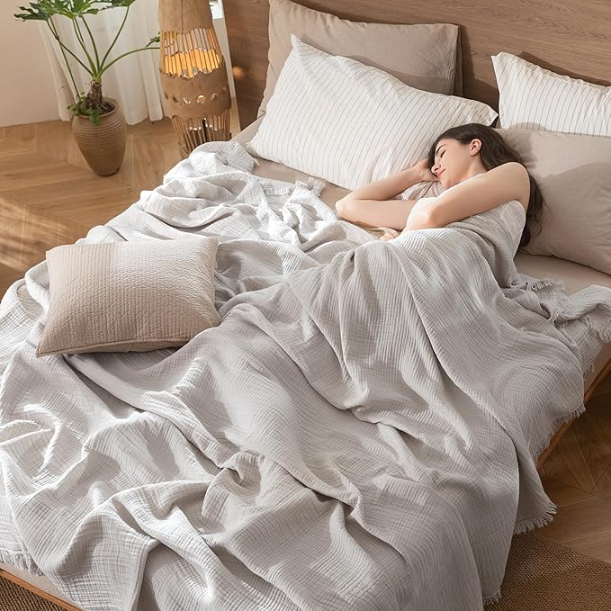 MooMee Muslin Blanket - 100% Cotton 4-Layer Gauze Throw Blanket with All-Around Fringe, Ultra-Soft Breathable Lightweight Cooling Decorative for Bed, Sofa & Couch (Light Grey,Throw 60" x 50")