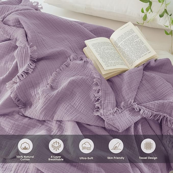 MooMee Muslin Blanket - 100% Cotton 4-Layer Gauze Throw Blanket with Tassels Ultra-Soft Breathable Lightweight Cooling for Bed Couch (Light Purple, Queen 90" x 90")