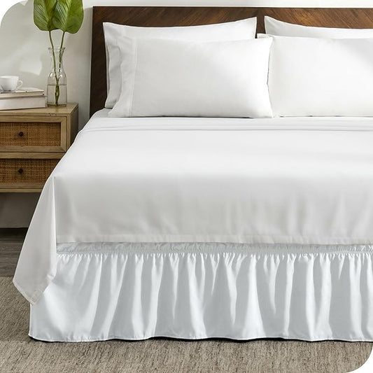 Bare Home Wrap Around Bed Skirt - for Twin Size Beds with 15 inch Tailored Drop - Easy Fit Elastic Strap - Adjustable and Ruffled Style - Wrinkle, Fade, and Stain Free (Twin, White)