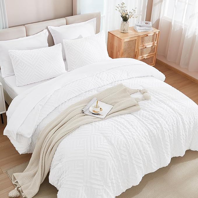 Andency White Comforter Full Size Set with Sheets - 7 Pieces Boho Bed in a Bag Tufted Bedding Sets Fluffy Lightweight Full Bed Set with Comforter, Sheets, Pillowcases & Shams for All Season