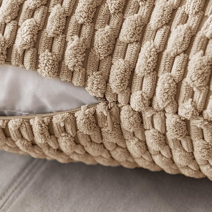 MIULEE Pack of 2 Decorative Throw Pillow Covers 16x16 Inch Soft Boho Striped Textured Corduroy Pillow Covers Modern Farmhouse Home Decor for Couch Bed Sofa Living Room Neutral Tan