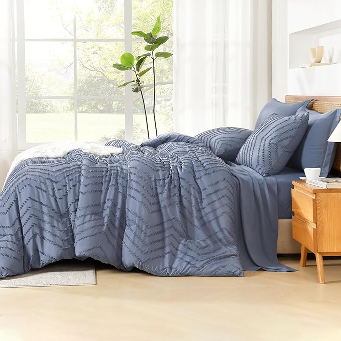 Litanika Full Size Comforter Set with Sheets Bluish Grey - 7 Pieces Bed in a Bag Full Chevron Tufted Complete Bedding Sets with Comforter, Sheets, Pillowcases & Shams