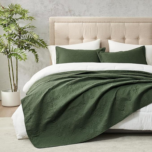 Hansleep Olive Green Quilt California King Size - Baroque Ultrasonic All Season Bedspread California King, Soft Lightweight Coverlet Bedding Set, 3 Pieces (1 Quilt, 2 Pillow Shams)