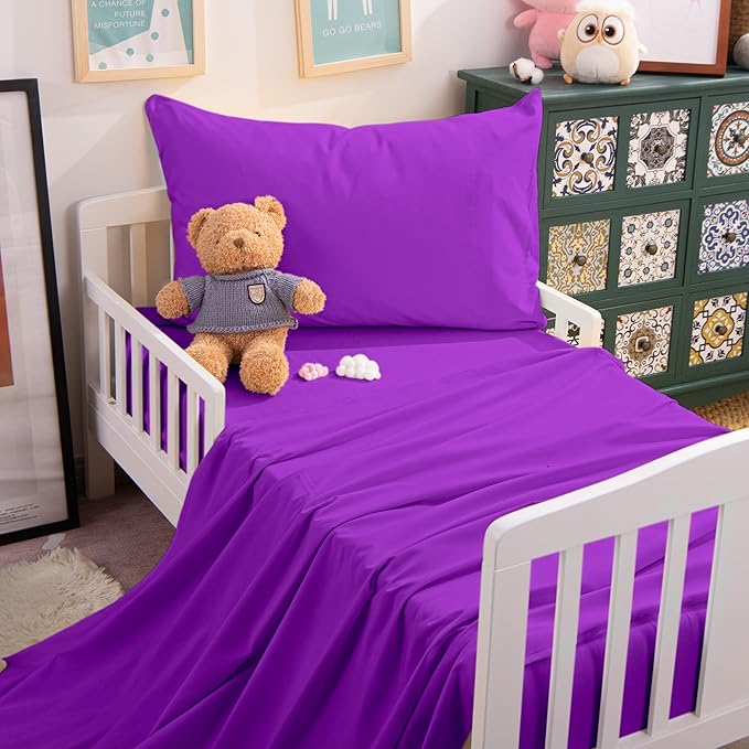 NTBAY Toddler Sheet Set - 3-Piece Microfiber Crib Sheet Set - Flat Sheet, Fitted Sheet, Pillowcase - Solid Toddler Bedding, Purple