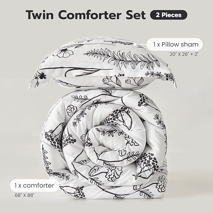 Joiedomi Twin Comforter Set White, 2 Pieces Floral Twin Bedding Set with 1 Soft Reversible Botanical Comforter and 1 Pillow Sham, Bed in a Bag for All Seasons