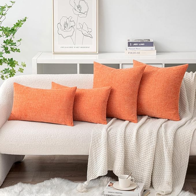 MIULEE Pack of 2 Couch Throw Pillow Covers 12x20 Inch Soft Coral Red Chenille Lumbar Pillow Covers for Sofa Living Room Spring Home Decor Couch Solid Dyed Cases