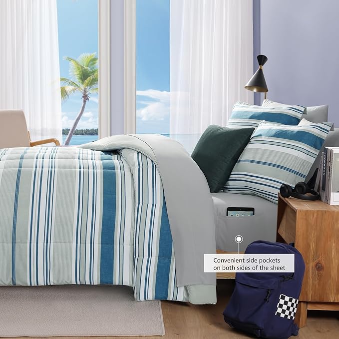 Twin XL Comforter Set Striped, Royal Blue Bedding Set 5 Pieces for Boys Girls Teen, All Season Bed in a Bag for Dorm with Sheets, Pillowcase & Sham